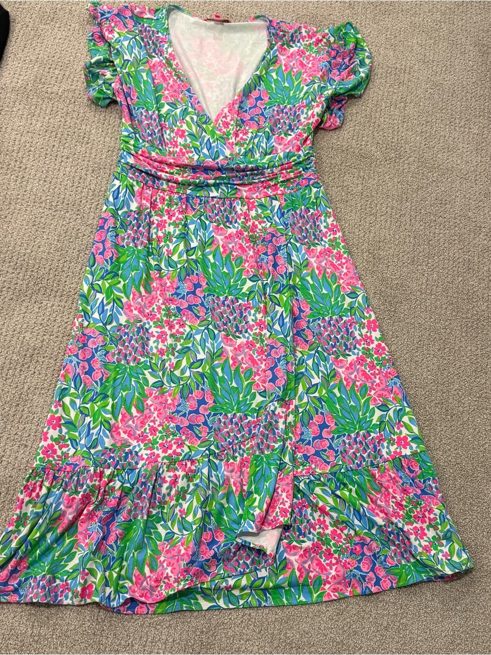 Lilly Pulitzer Pink, Green & Blue Floral V-Neck Midi Dress